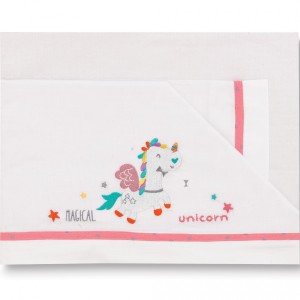 Pirulos 00313219 - Sábanas Diseño Unicornio 60 X 120 Cm Color Blanco Y Fresa