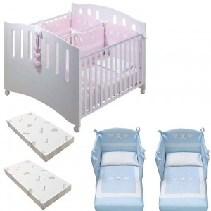 Cama Twin Azul Design Gemini Blanco + Colchón + Juego de Edredón Blanco / Azul